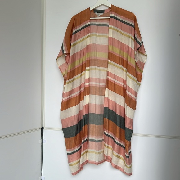 LOFT Striped Kimono Shawl Tunic Cover Up Muted Colors Light Pink Green White - Picture 9 of 9